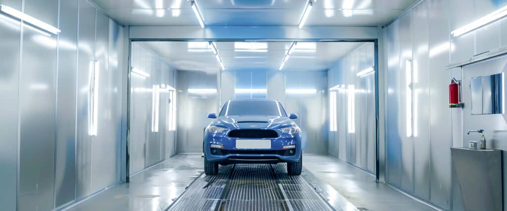 Ford Mustang bleue dans une cabine de peinture professionnelle avec éclairage intense et plancher grillagé.