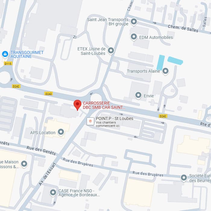 Plan détaillant la localisation de CARROSSERIE DBC SMB CAR SAINT... à Saint-Loubès. Indiqué sur la D242, près de l'Av. de l'Escart et Rue des Genêts.