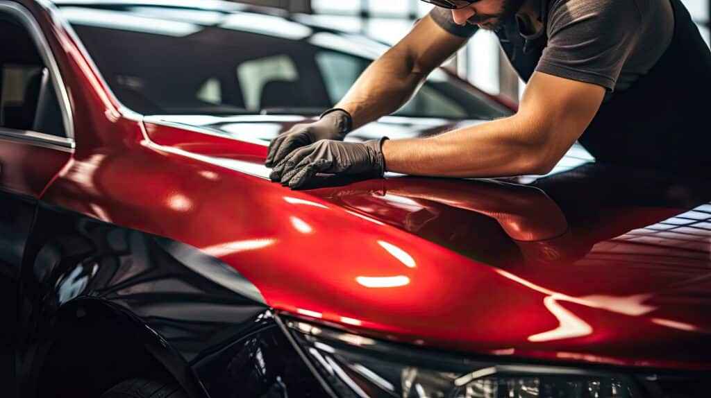 Détailleur auto en gants noirs polissant le capot rouge brillant d'une voiture bicolore. Service de carrosserie et protection.