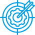 Icône cible bleue avec engrenage intérieur et trait de tir, symbole de précision et technologie.